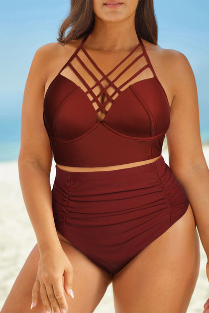 Full Size Halter Neck Crisscross Ruched Two-Piece Swimsuit-Jewearrings