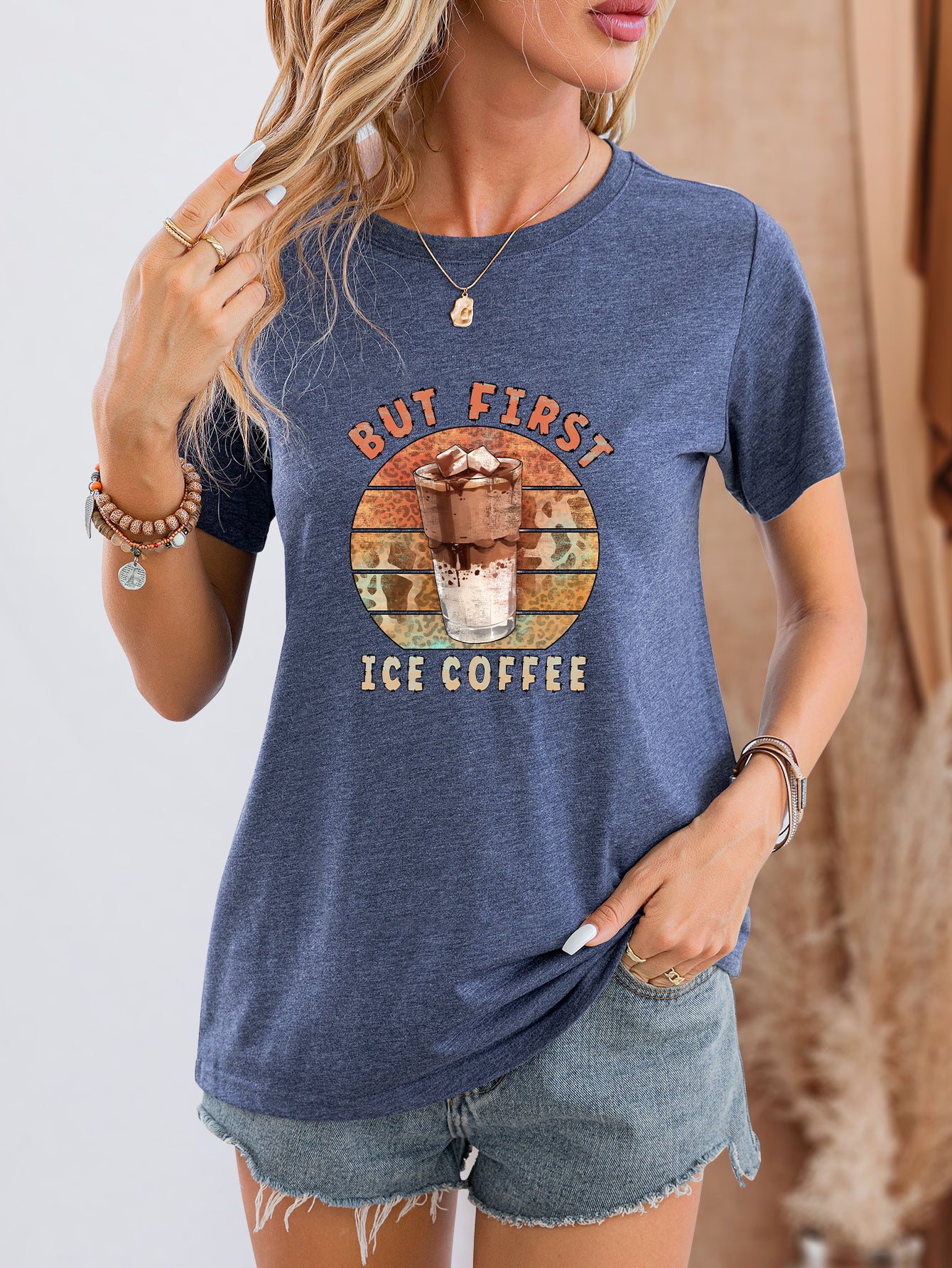 BUT FIRST ICE COFFEE Round Neck T-Shirt-Jewearrings