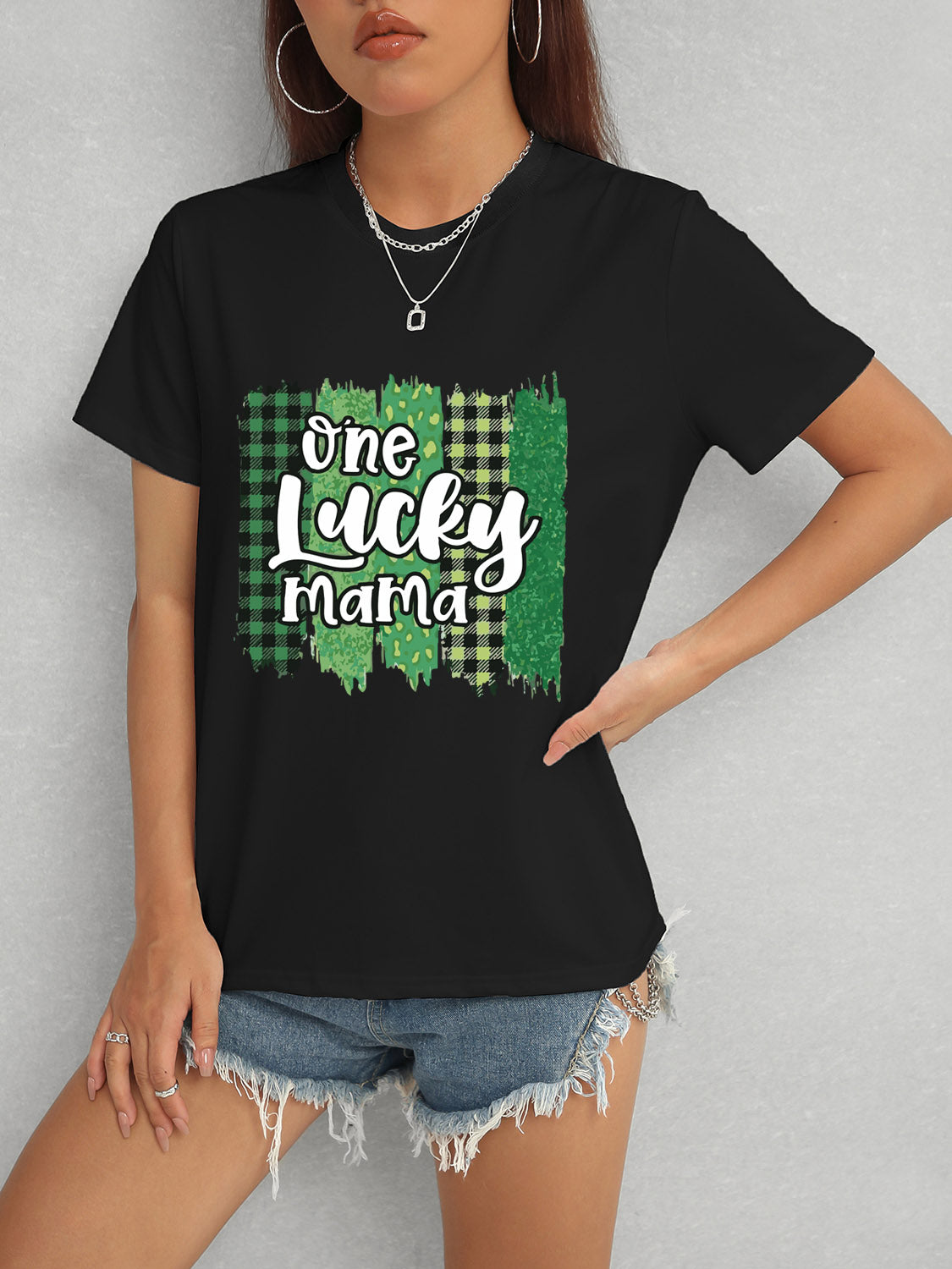 ONE LUCKY MAMA Round Neck T-Shirt-Jewearrings