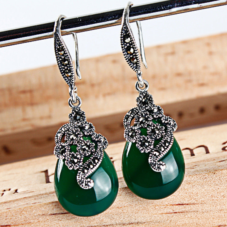 Vintage Thai Silver Earrings Female Green Agate-Jewearrings