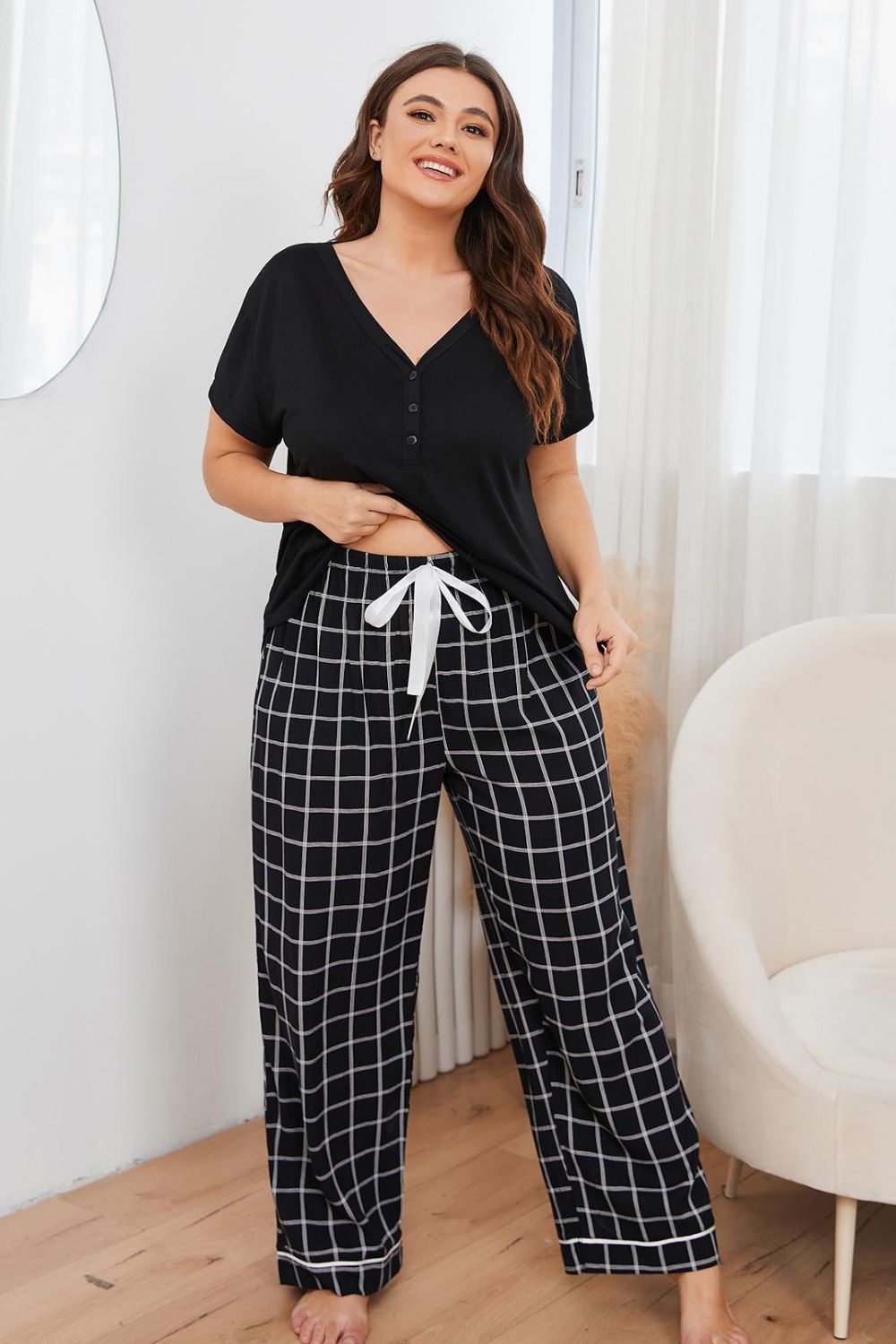 Plus Size V-Neck Top and Plaid Pants Lounge Set-Jewearrings