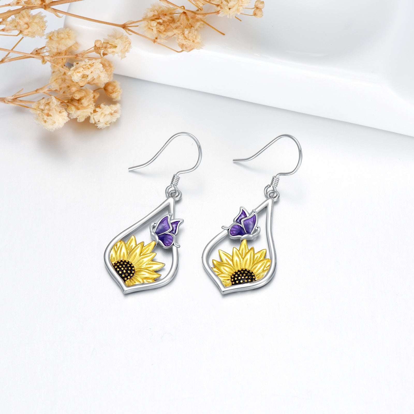 Sterling Silver Sunflower Dangle Earrings with Purple Butterfly Gift for Women-Jewearrings