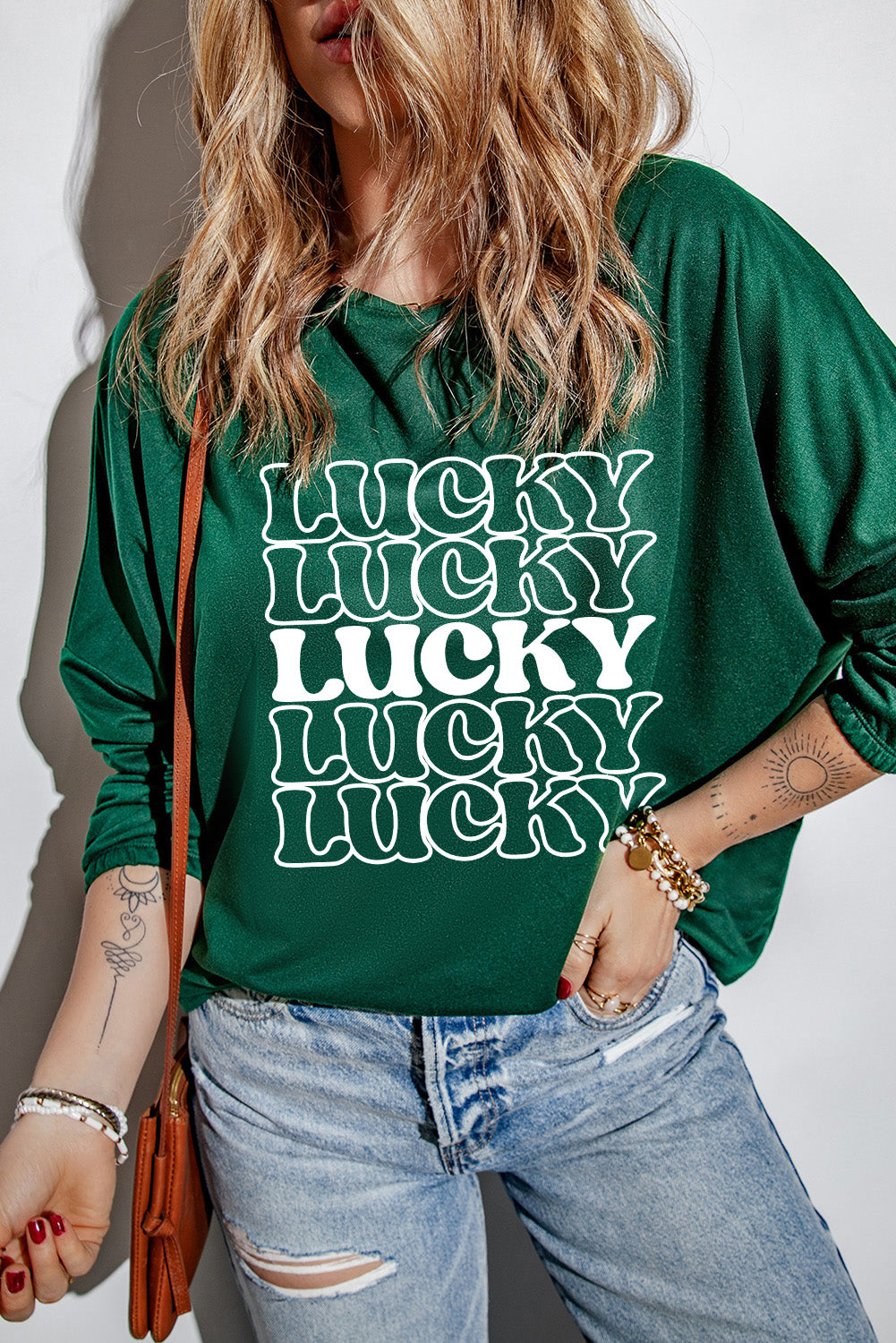 LUCKY Round Neck Dropped Shoulder Sweatshirt-Jewearrings