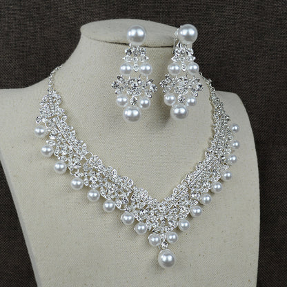 White pearl necklace diamond suit bride wedding accessories hair earrings set 0284-Jewearrings