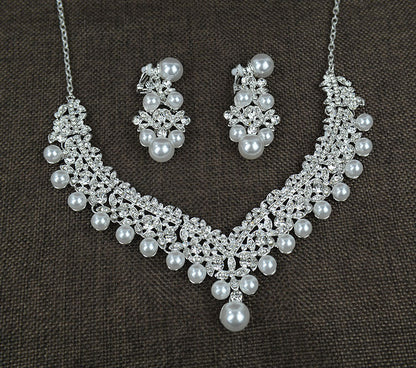 White pearl necklace diamond suit bride wedding accessories hair earrings set 0284-Jewearrings