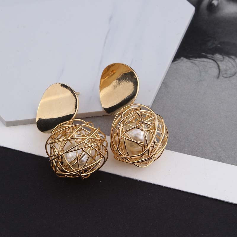 Vintage Geometric Earrings Simple Woven Ball Pearl Stud Earrings-Jewearrings