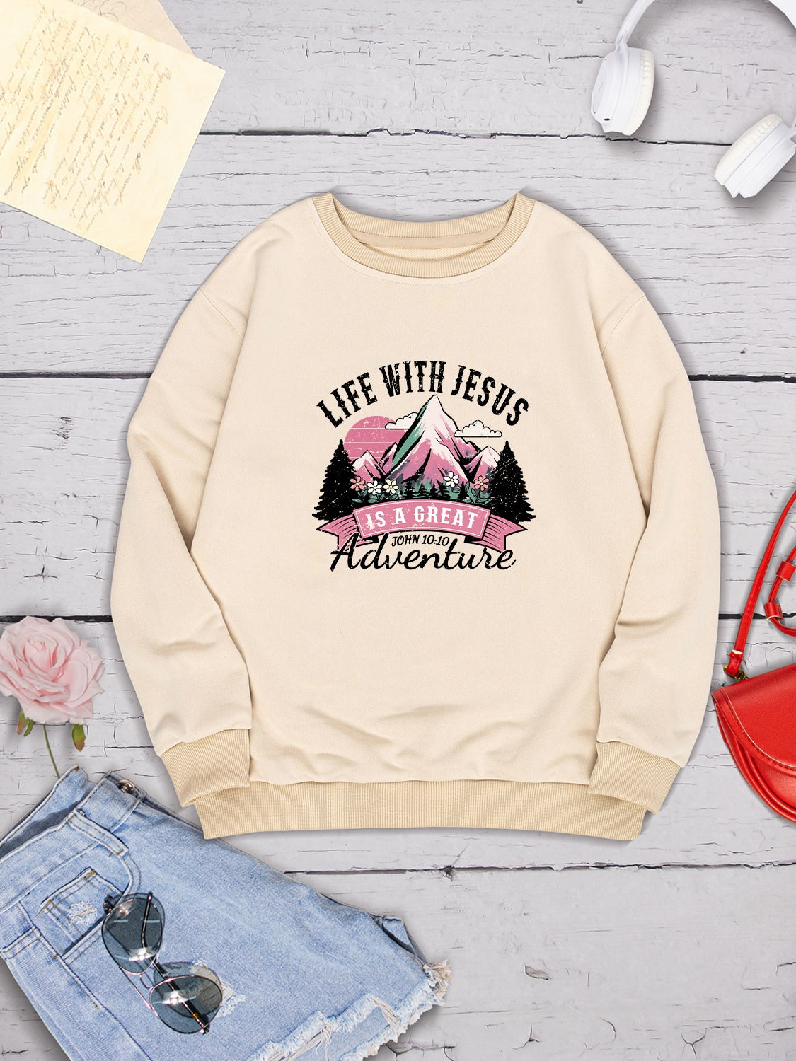 LIFE WITH JESUS IS A GREAT ADVENTURE Round Neck Sweatshirt-Jewearrings