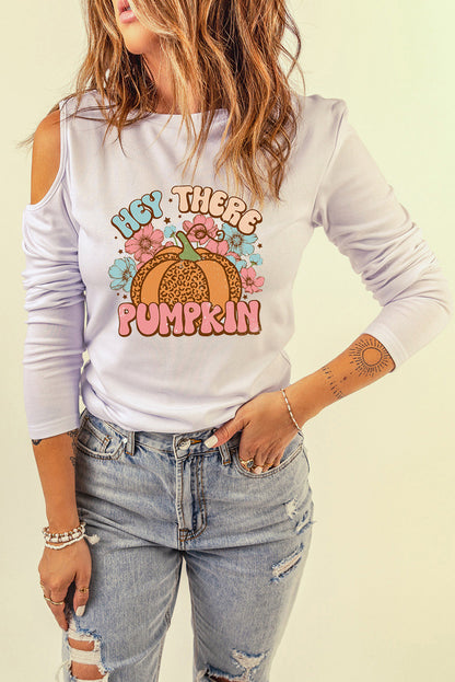 Asymmetrical HEY THERE PUMPKIN Graphic Cold Shoulder Tee-Jewearrings