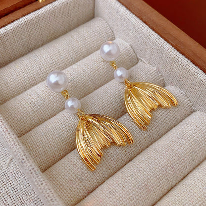 Silver Needle Fishtail Pearl Tassel Simple Earrings-Jewearrings