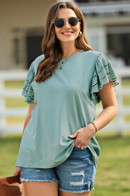 Plus Size Butterfly Sleeve Round Neck Top-Jewearrings