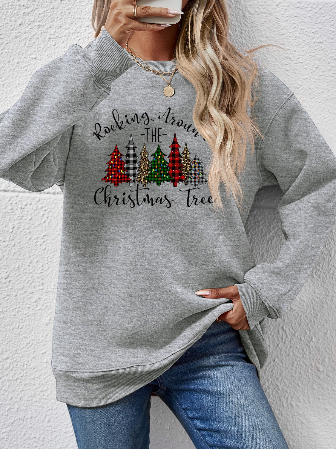 Christmas Tree Graphic Round Neck Sweatshirt-Jewearrings