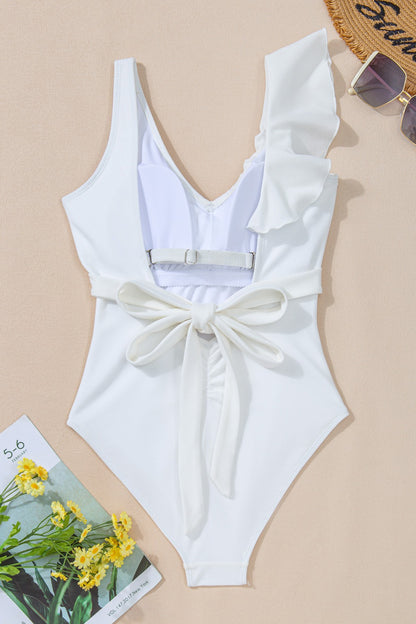 Ruffled V-Neck Wide Strap One-Piece Swimwear-Jewearrings