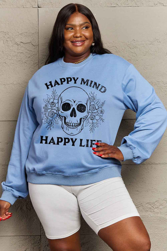 Simply Love Simply Love Full Size HAPPY MIND HAPPY LIFE SKULL Graphic Sweatshirt-Jewearrings