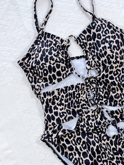 Leopard Cutout Tied One-Piece Swimsuit-Jewearrings