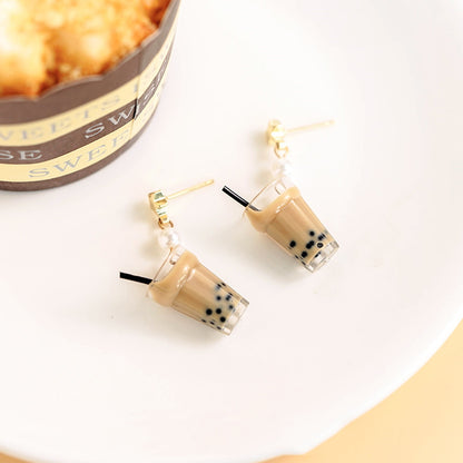 Pearl milk tea female earrings-Jewearrings