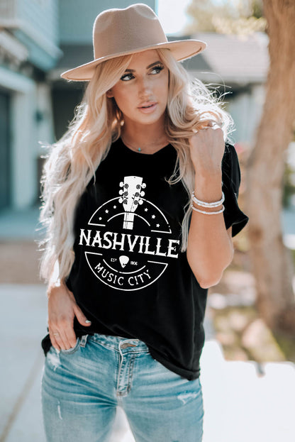 Western NASHVILLE MUSIC CITY Cuffed Graphic Tee Shirt-Jewearrings