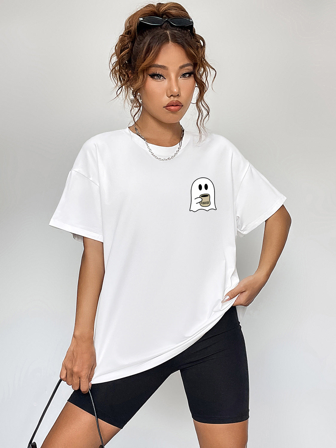 Round Neck Short Sleeve Ghost Graphic T-Shirt-Jewearrings