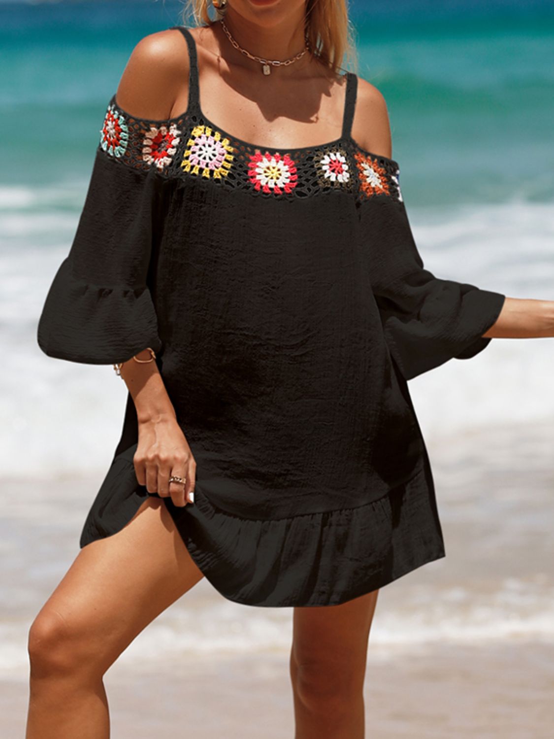 Crochet Cold Shoulder Three-Quarter Sleeve Cover Up-Jewearrings