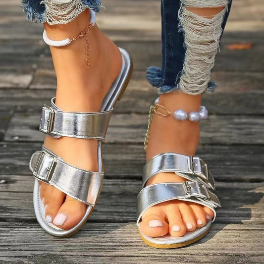 Open Toe Double Buckle Sandals-Jewearrings