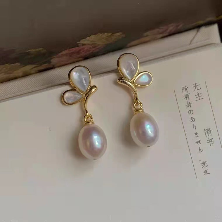 Mother Butterfly Freshwater Rice Pearl Earrings-Jewearrings