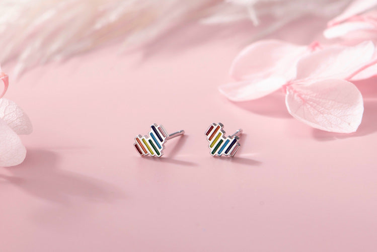 Silver Color Rainbow Love Heart Earrings Female Small Color Simple Heart-shaped Earrings-Jewearrings