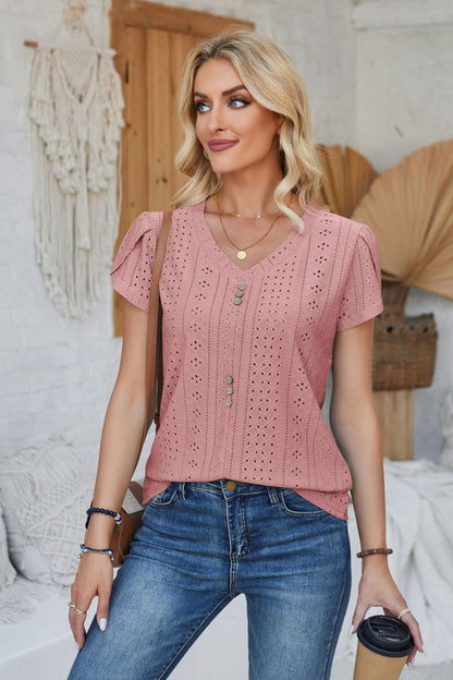 Decorative Button Eyelet V-Neck Short Sleeve T-Shirt-Jewearrings