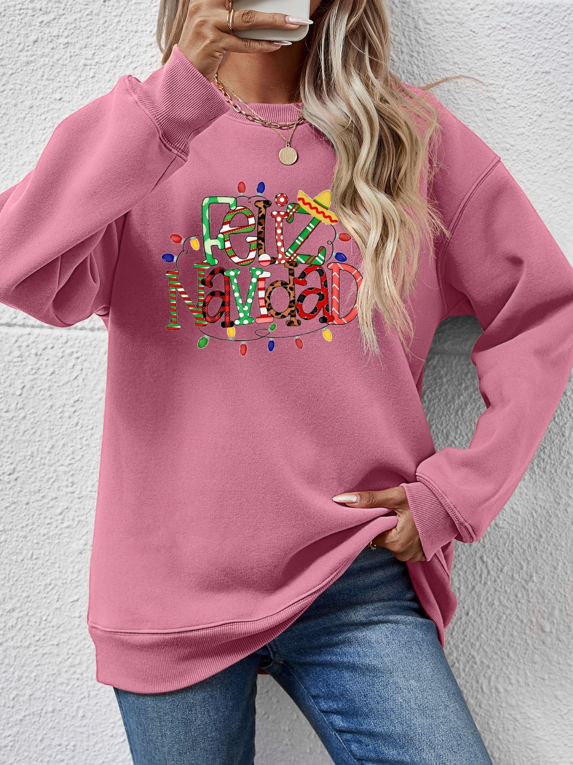 FELIZ NAVIDAD Round Neck Drop Shoulder Sweatshirt-Jewearrings