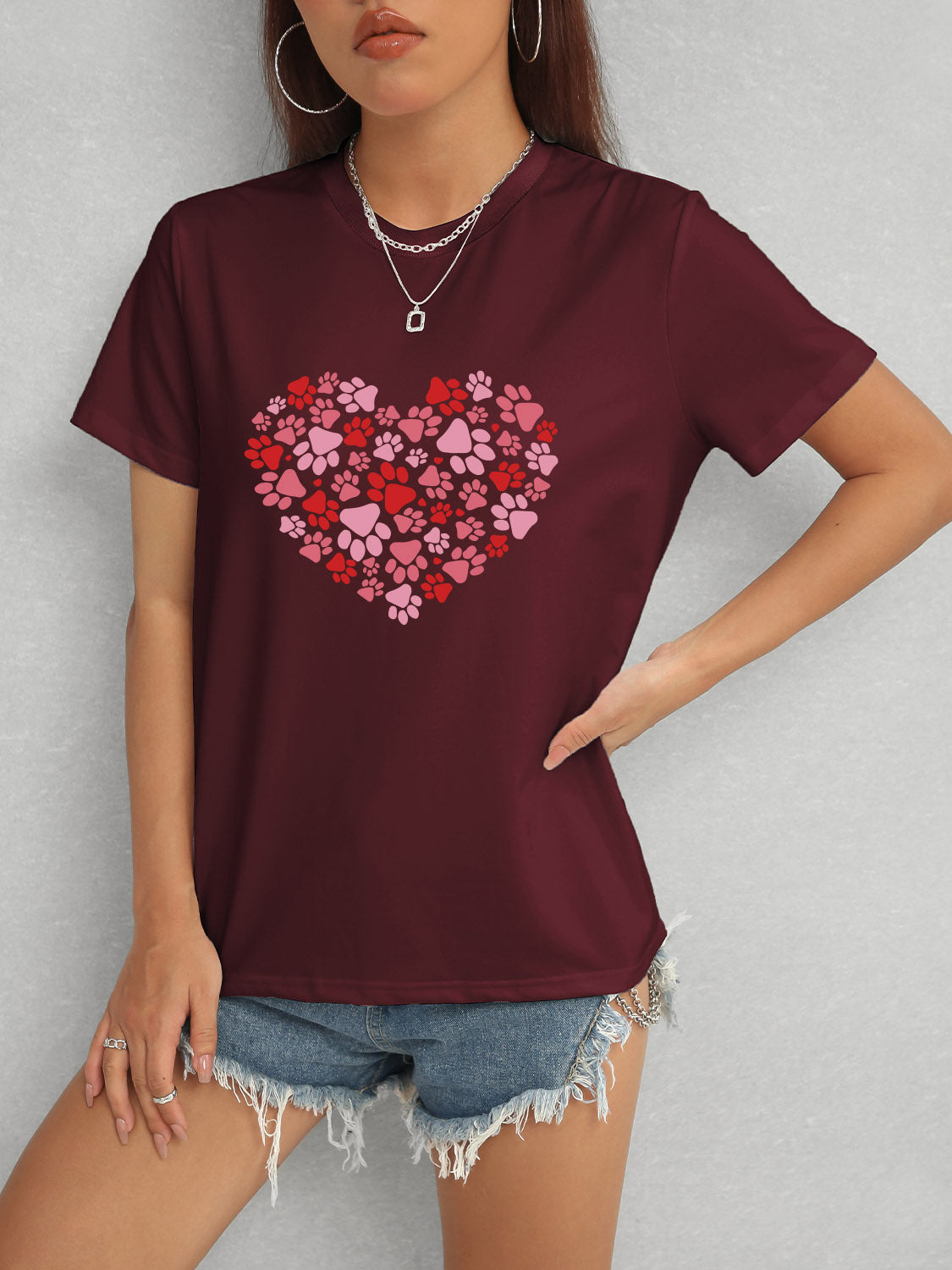 Heart Round Neck Short Sleeve T-Shirt-Jewearrings