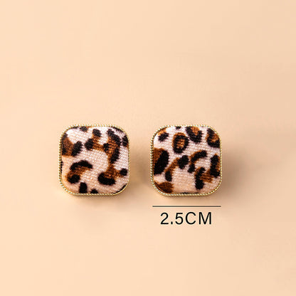 Fashion Square Leopard Print Corduroy Stud Earrings For Women-Jewearrings