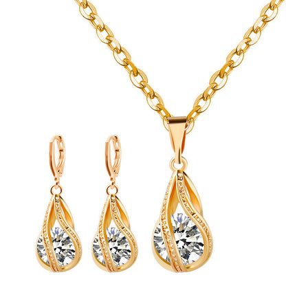 S163 Korean simple zircon jewelry set Silver Drop Necklace Earrings set new bride wedding-Jewearrings