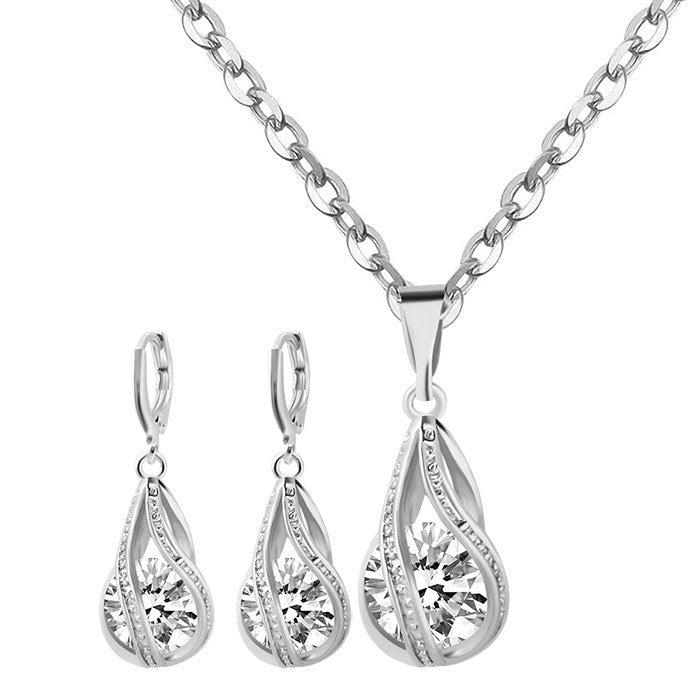 S163 Korean simple zircon jewelry set Silver Drop Necklace Earrings set new bride wedding-Jewearrings