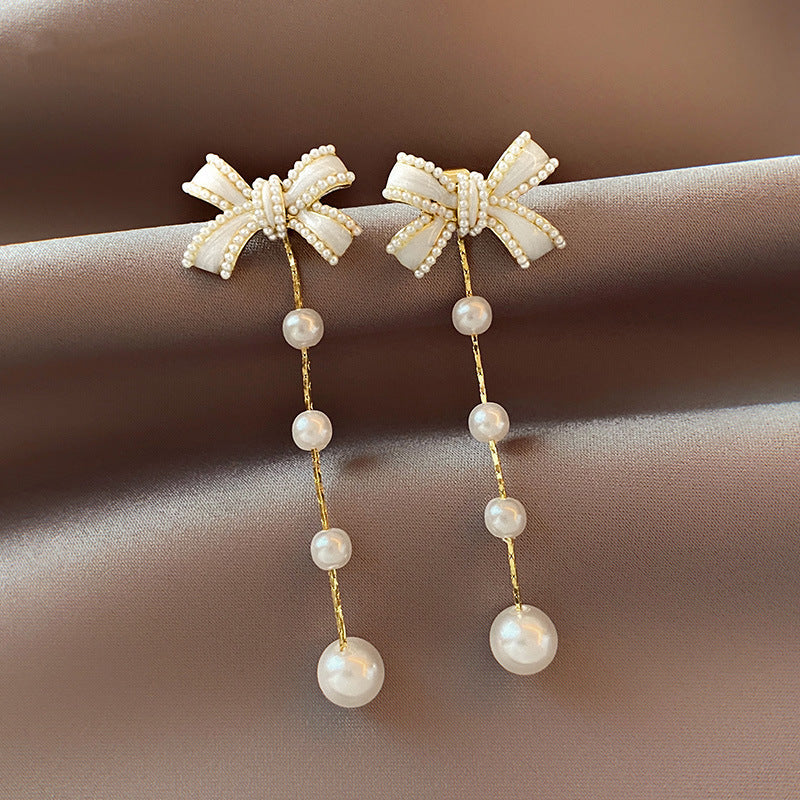 Temperament Bow Pearl Earrings Light Luxury Niche-Jewearrings