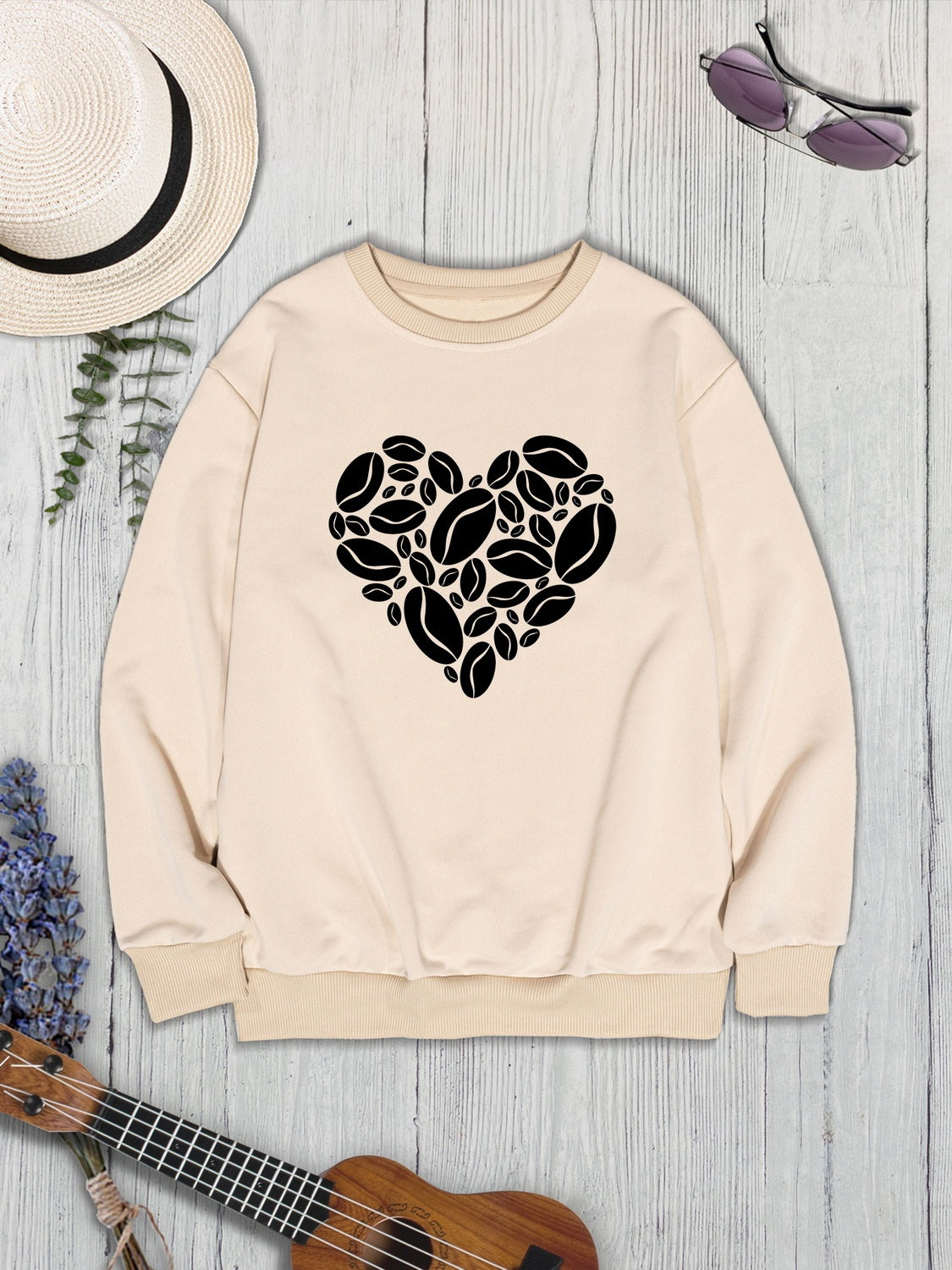 Heart Round Neck Dropped Shoulder Sweatshirt-Jewearrings