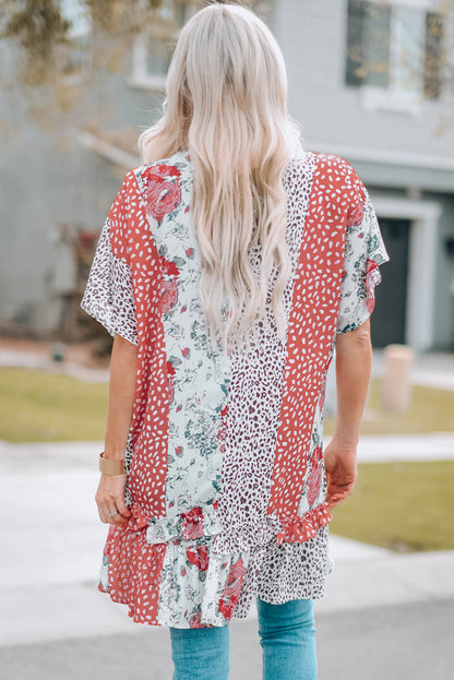 Mixed Print Ruffle Hem Kimono-Jewearrings