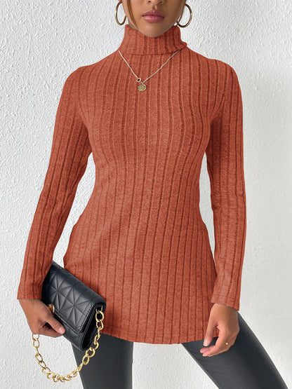 Ribbed Turtleneck Long Sleeve Slit T-Shirt-Jewearrings