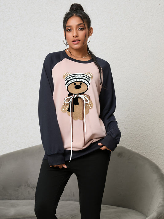 Bear Graphic Raglan Sleeve Sweatshirt-Jewearrings