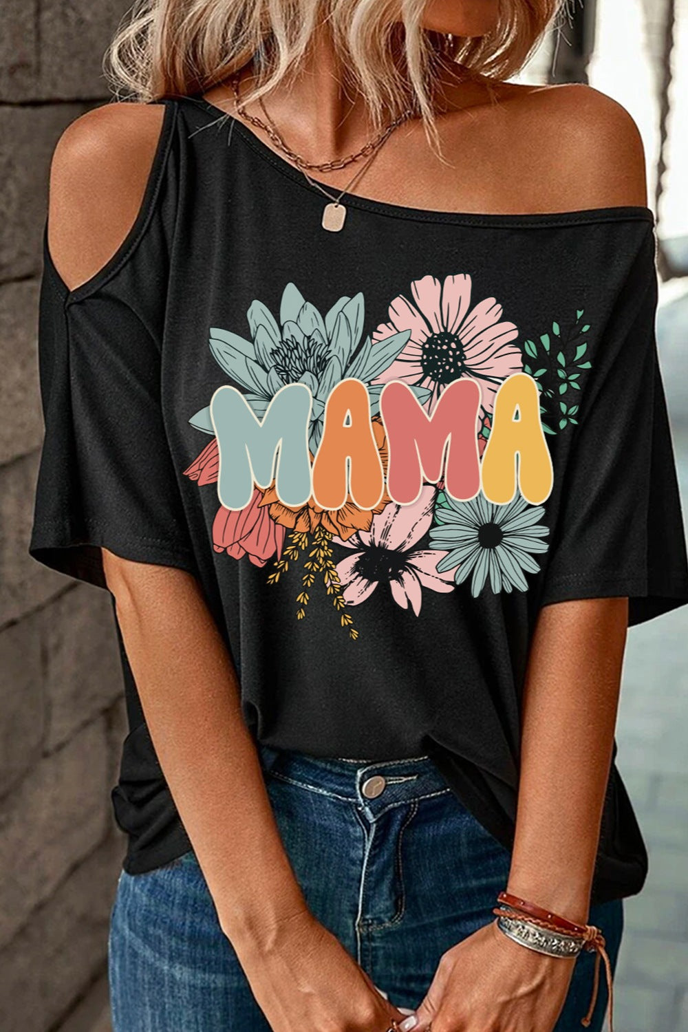 MAMA One Shoulder Half Sleeve T-Shirt-Jewearrings