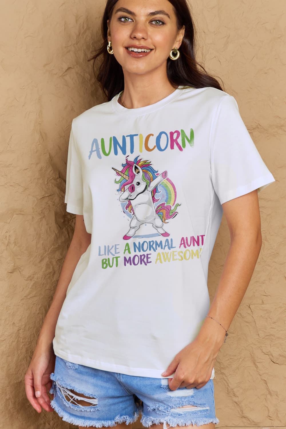 Simply Love Full Size AUNTICORN LIKE A NORMAL AUNT BUT MORE AWESOME Graphic Cotton Tee-Jewearrings