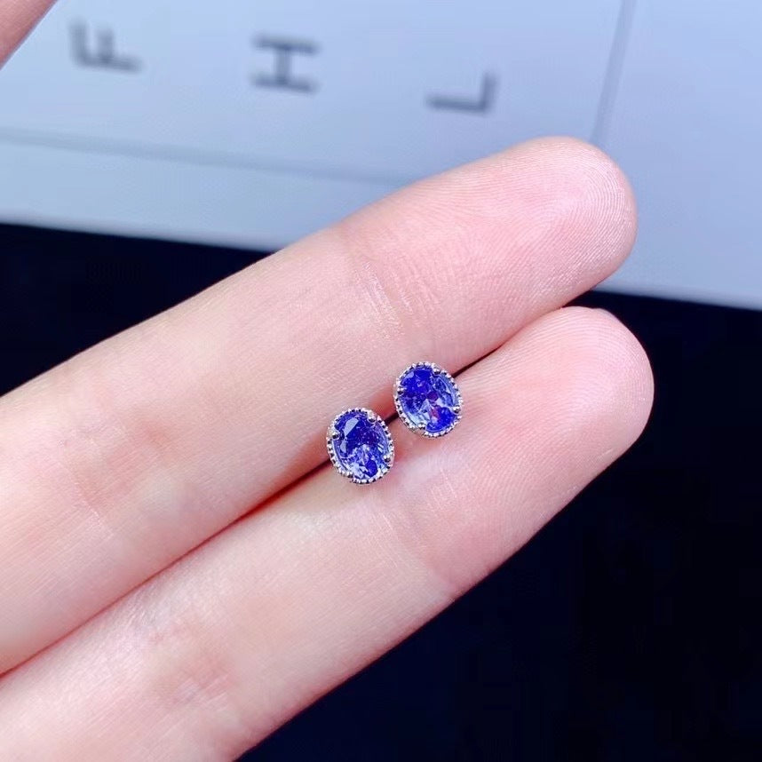 Colored Gems Jewelry 925 Silver Inlaid Natural Tanzanite Stud Earrings Main Stone 4 5mm Simple And Elegant-Jewearrings