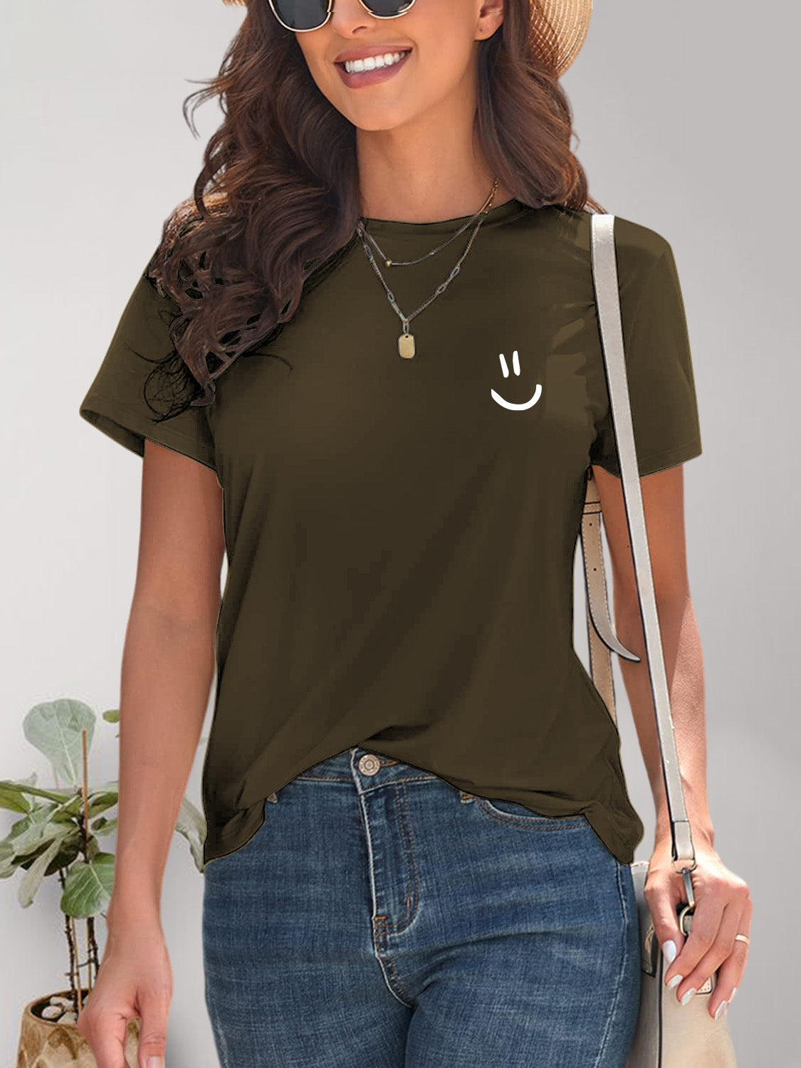 Smile Graphic Round Neck Short Sleeve T-Shirt-Jewearrings