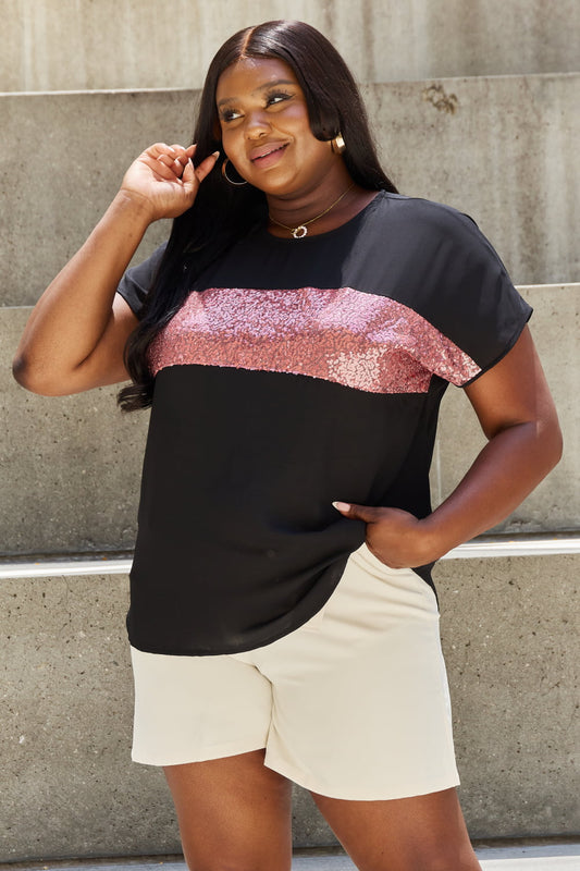 Sew In Love Shine Bright Full Size Center Mesh Sequin Top in Black/Mauve-Jewearrings