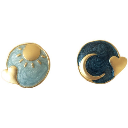 Sun Moon Stud Earrings Creative Round Oil Drop Earrings-Jewearrings