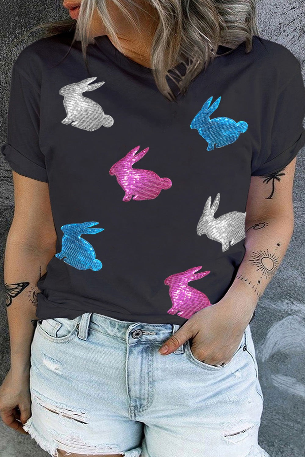 Plus Size Rabbit Round Neck Short Sleeve T-Shirt-Jewearrings