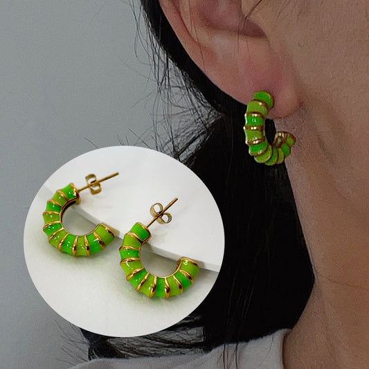 Enamel Drip Glazed Color C- Shaped Bamboo Stud Earrings-Jewearrings