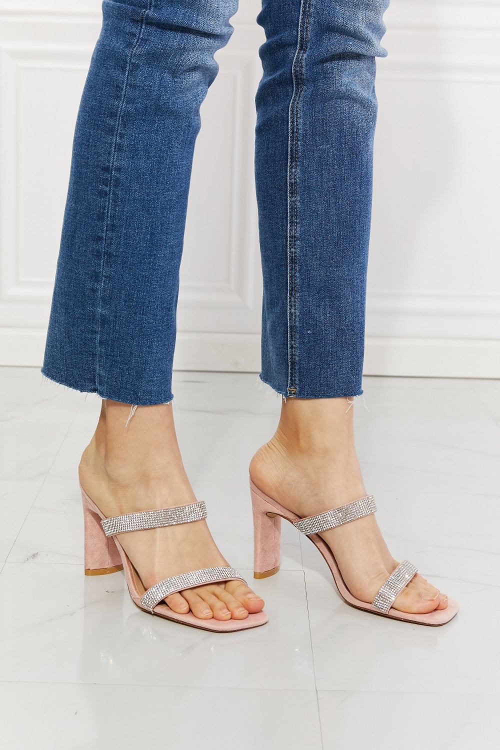 MMShoes Leave A Little Sparkle Rhinestone Block Heel Sandal in Pink-Jewearrings