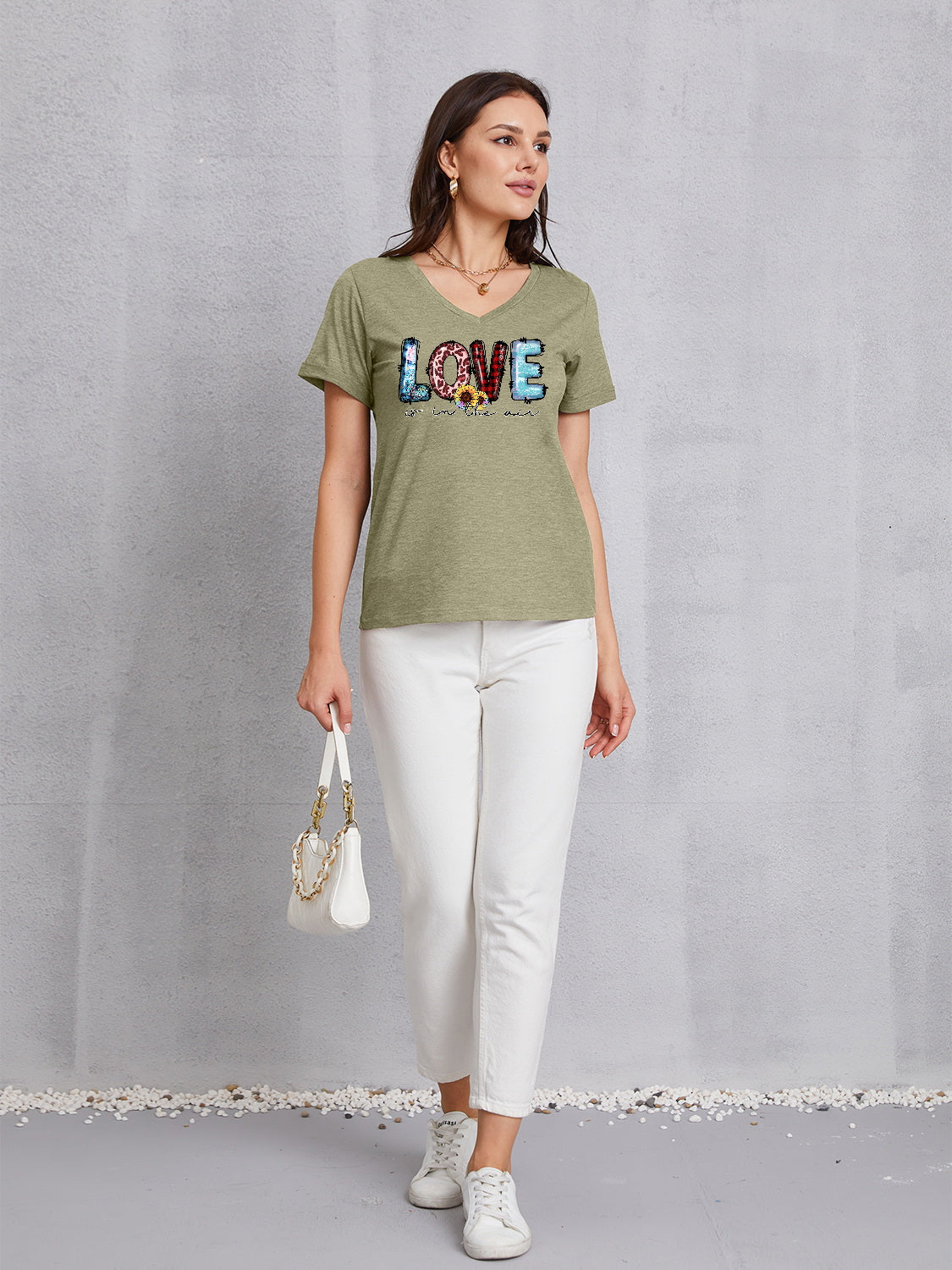 Letter Graphic V-Neck Short Sleeve T-Shirt-Jewearrings