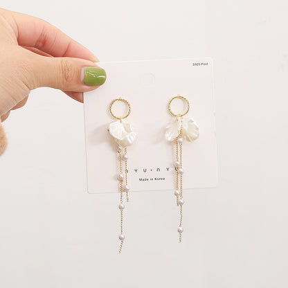 Pearl Petal Long Fringe Stud Earrings-Jewearrings