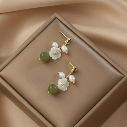 Female S925 Silver Needle Natural Hetian Jade Flower Earrings-Jewearrings