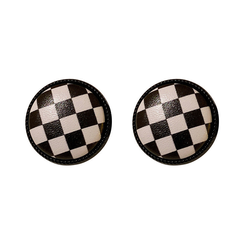 Silver Needle Geometric Black And White Contrast Color Check Stripe Stud Earrings-Jewearrings