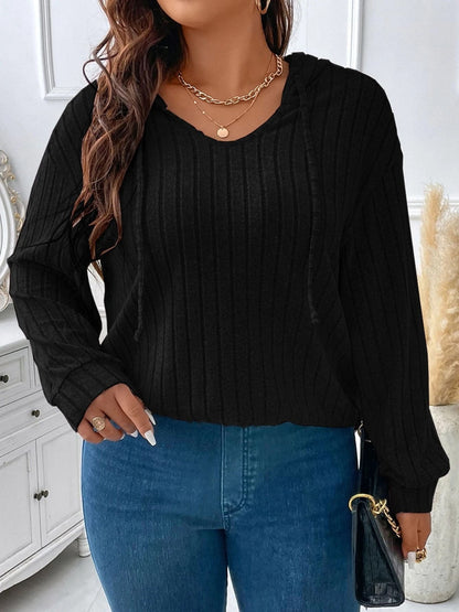 Plus Size Drawstring Dropped Shoulder Hooded T-Shirt-Jewearrings